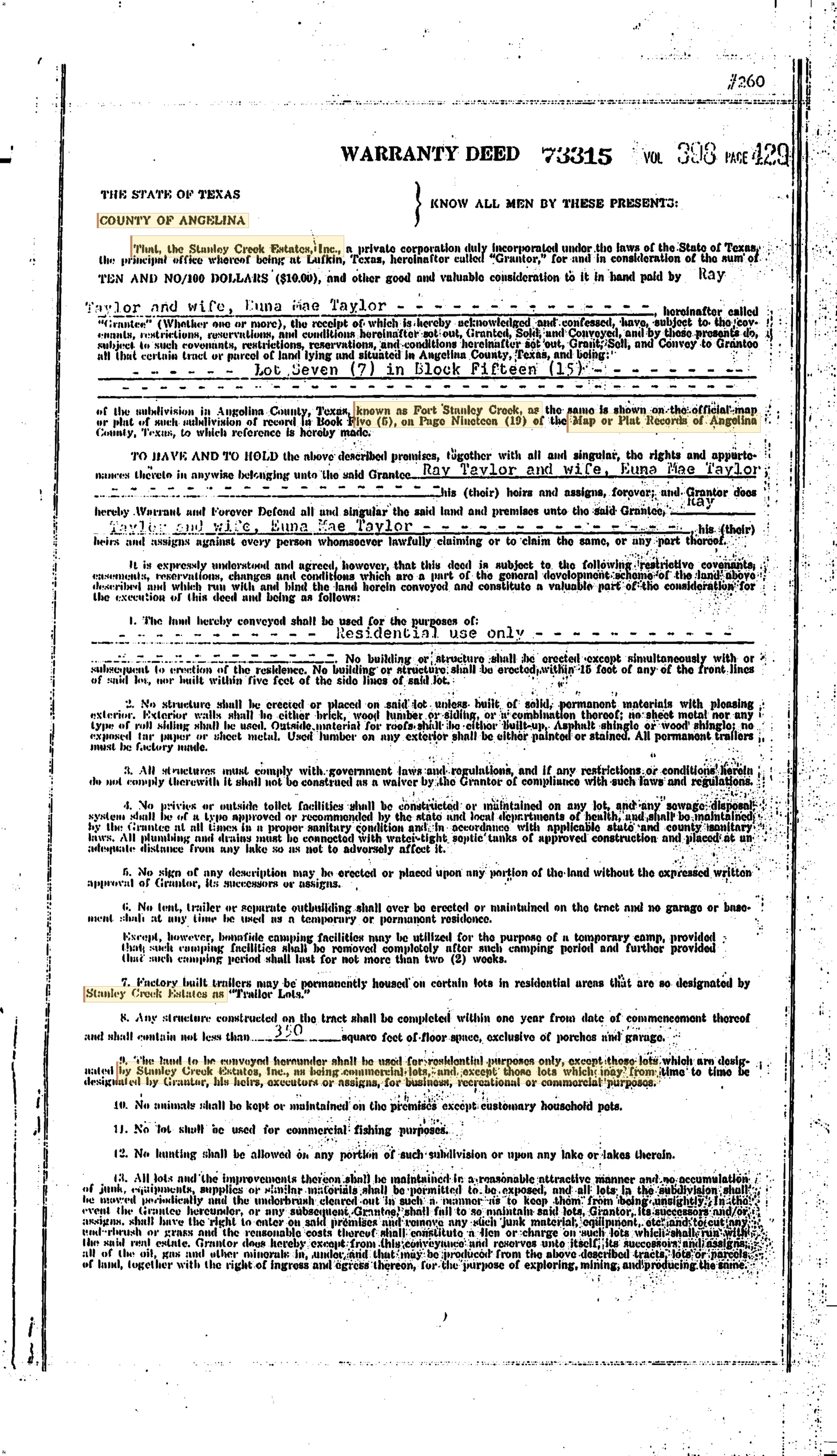 Fort Stanley Creek Subdivision Warranty Deed & Mineral Reservation (Stanley Creek Estates, Inc.)
